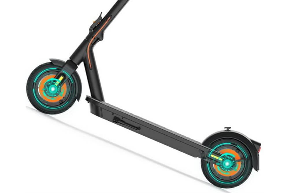 Inmotion Climber dual motors Side view of the Inmotion Climber electric scooter with illuminated turquoise and orange wheel hubs, highlighting its motor and braking components on a white background.