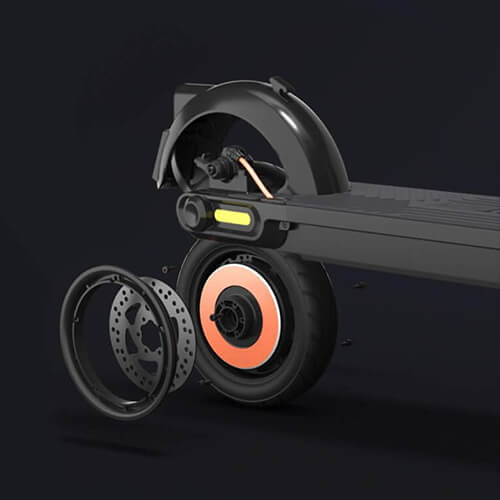 Close-up view of the rear wheel of Inmotion Climber electric scooter with the braking system components, including the brake disc and hub, shown separated to illustrate the scooter’s advanced braking mechanism.