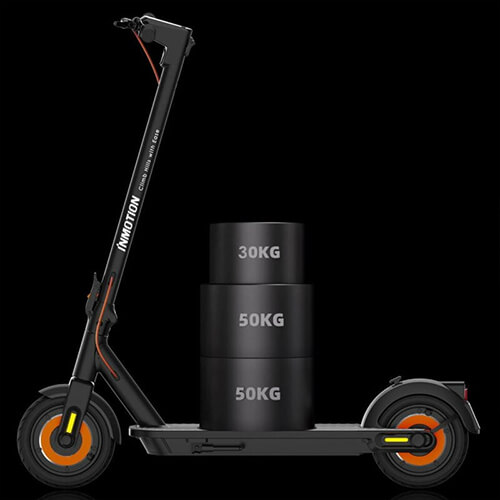 Side view of a black Inmotion Climber electric scooter loaded with three cylindrical weights labeled 30 kg, 50 kg, and 50 kg, illustrating the scooter’s strong load capacity on a black background.
