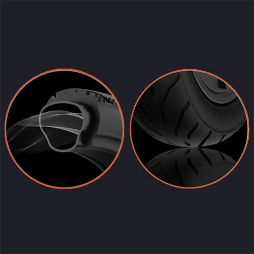 Close-up cross-section illustrations of the Inmotion Climber electric scooter tire, showing its inner air tube and tread pattern, emphasizing durability and grip on a dark background.