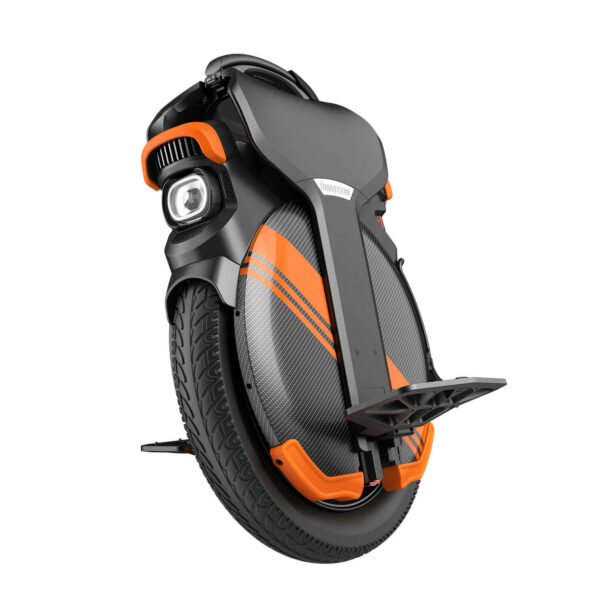Front angled view of the Inmotion V11Y electric unicycle showing the front light, textured side panels, large treaded wheel, and extended pedal.