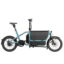 Woman holding Riese & Müller Carrie Vario electric cargo bike on city street