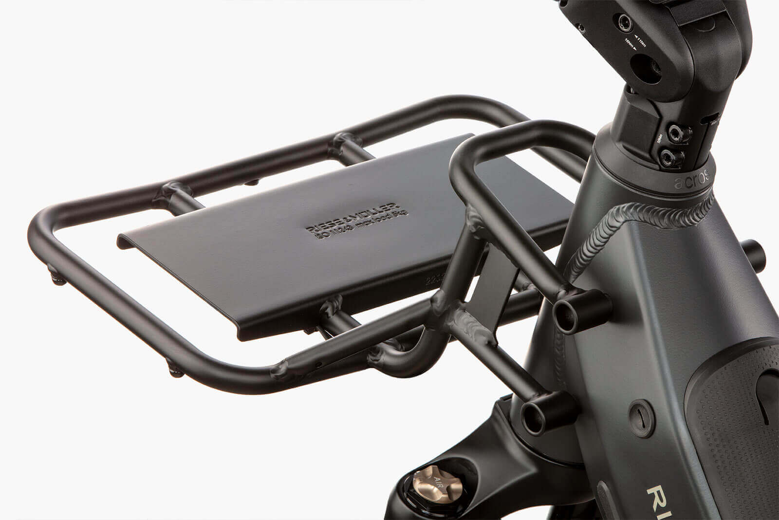 Close-up of Riese & Müller Nevo 4 electric bike front rack with sturdy metal frame