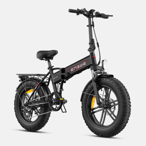 Electric bike ENGWE EP-2 Boost black color, front and right side view showcasing fat tires, foldable frame, and front suspension.