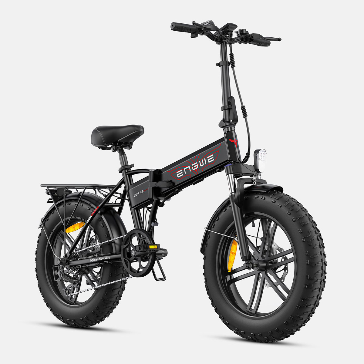 Electric bike ENGWE EP-2 Boost black color, front and right side view showcasing fat tires, foldable frame, and front suspension.