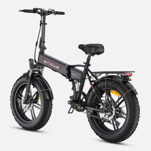 Electric bike ENGWE EP-2 Boost in black color, rear side view showing rear rack, disc brakes, and wide all-terrain tires.