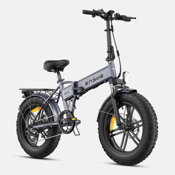 Electric bike ENGWE EP-2 Boost in grey color, front and right angle displaying folding frame, bright headlight, and fat tires.
