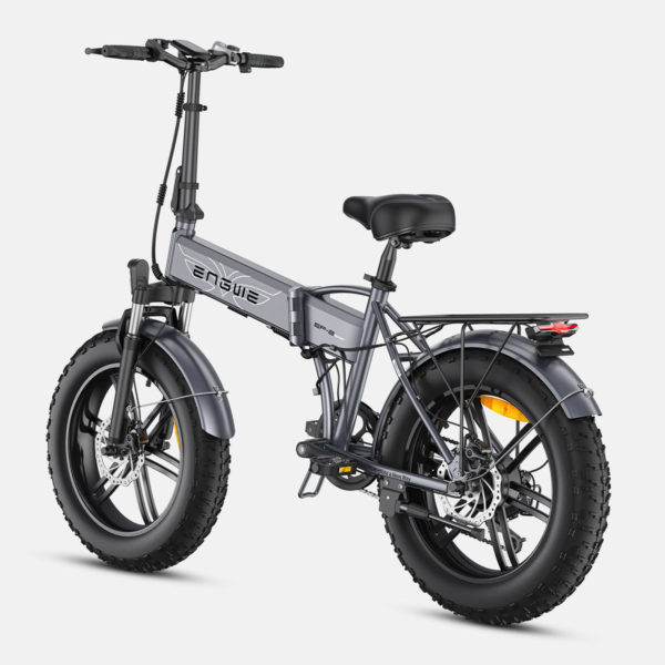 Rear side view of the ENGWE EP-2 Boost grey electric bike highlighting the sturdy rear rack, Shimano 7-speed gears, and disc brakes.