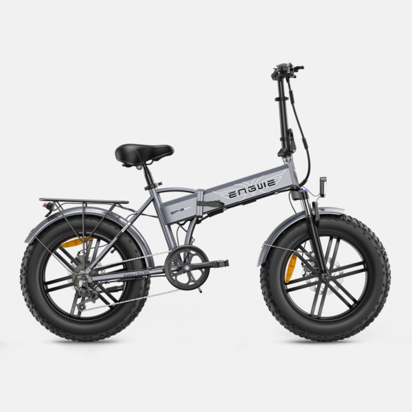 Side view of ENGWE EP-2 Boost grey electric bicycle featuring a durable foldable frame, wide 20-inch tires, and integrated battery."