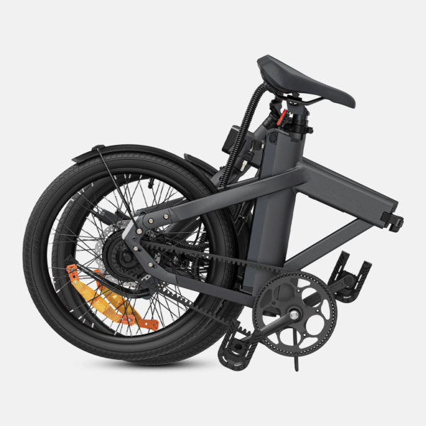 Folded black ENGWE P20 electric bike compactly stored for transport or storage