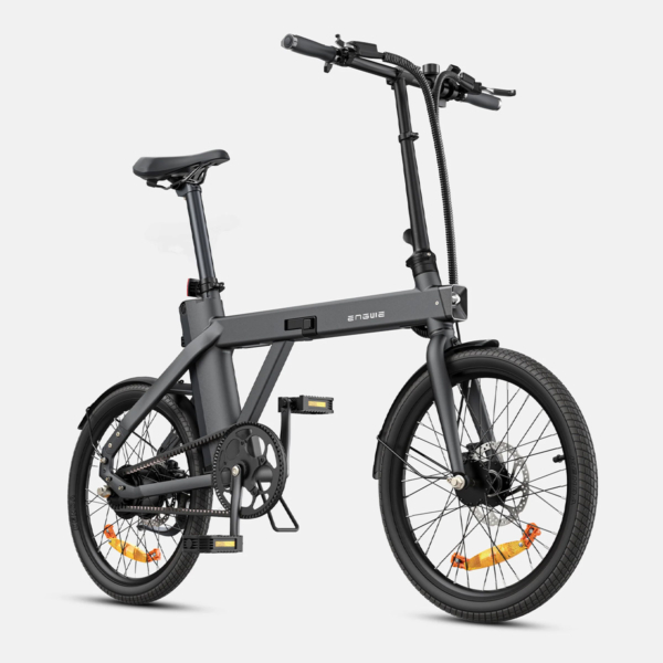 Front and side view of black ENGWE P20 electric bike showcasing frame and headlight design