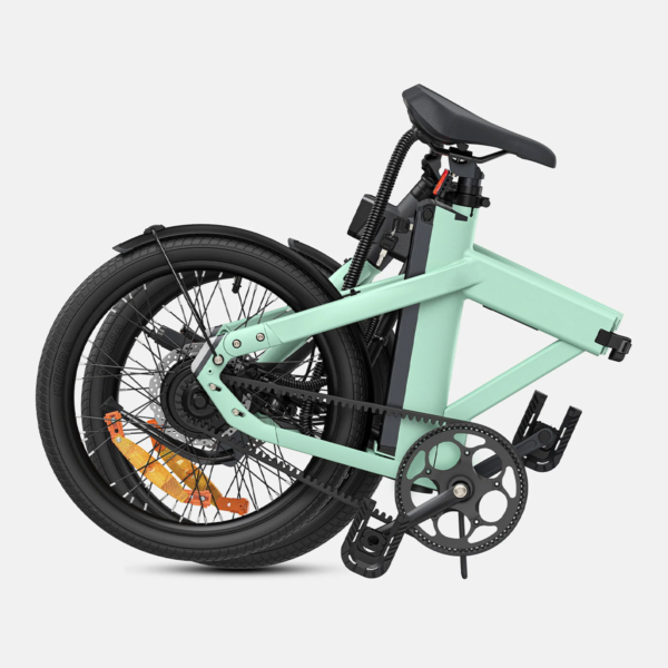 Green ENGWE P20 electric bike folded down, ideal for small spaces and urban commuting