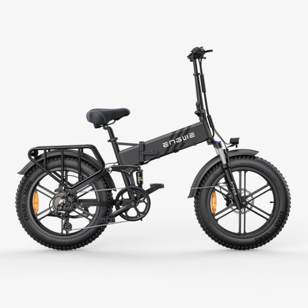 Electric bike Engwe Engine Pro 2.0 black color, side view showing foldable frame, rear rack, and wide fat tires for off-road and city riding.