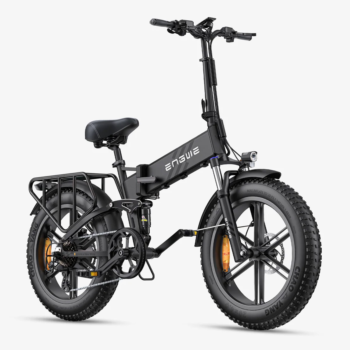 Electric bike Engwe Engine Pro 2.0 in black, front side angle highlighting front suspension, headlight, thick fat tires, and foldable design.
