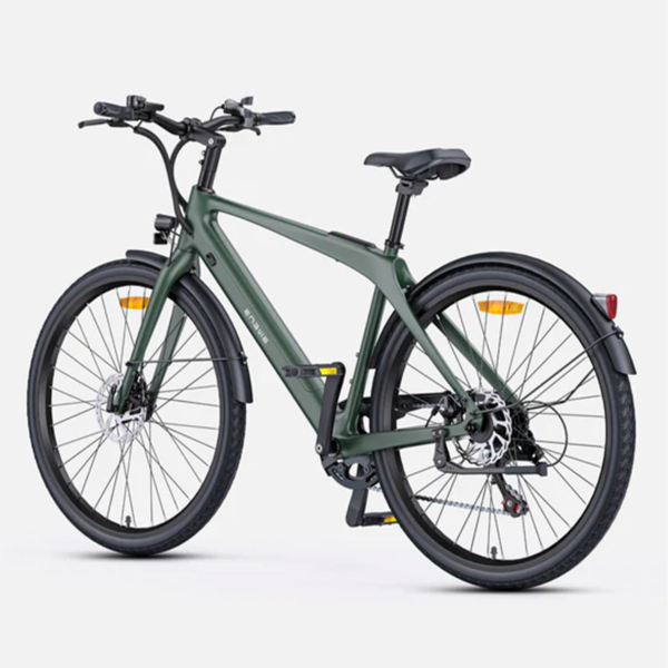 Rear view of green Engwe N1 Air ST electric bike with gear system, kickstand, and fenders