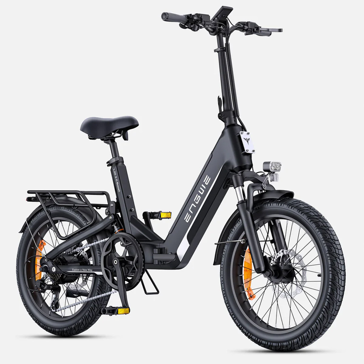 Electric bike L20 3.0 Boost in black, front-side view with step-through frame and suspension fork