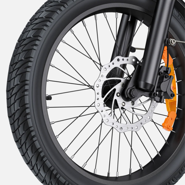 Close-up of front wheel and disc brake system on black L20 3.0 Boost electric bike