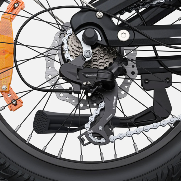 Rear gear system and Shimano Tourney derailleur on L20 3.0 Boost electric bike