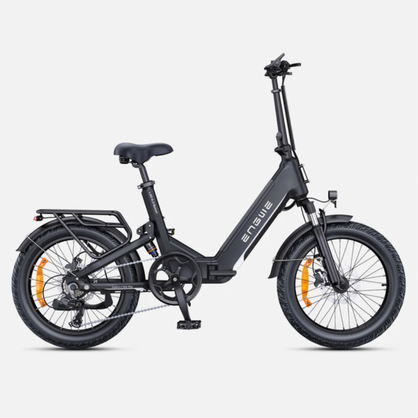 Full right-side view of L20 3.0 Boost black electric bike with rear rack and front suspension