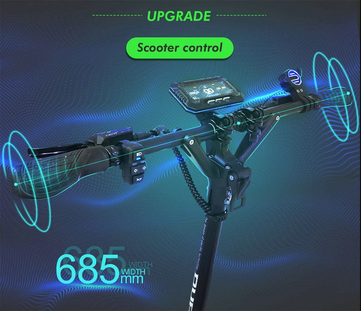 Close-up of upgraded 685mm wide handlebar and advanced control panel on the Dualtron Ultra 2 electric scooter