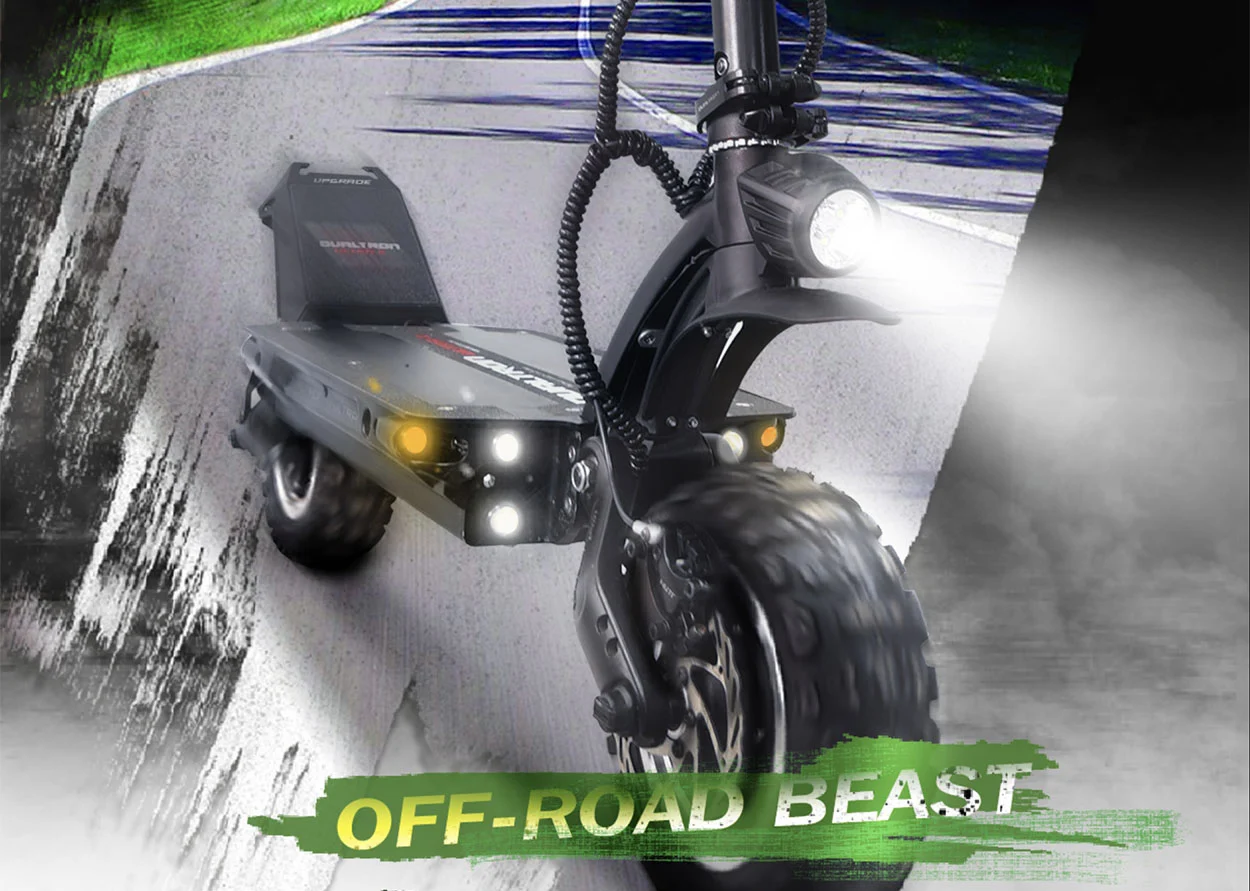 Action shot of Dualtron Ultra 2 Upgrade electric scooter on a track, highlighting its off-road tires, powerful LED headlights, and tagline Off-Road Beast