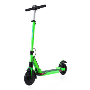Front angle view of green E-TWOW S2 Booster Plus electric scooter, showcasing sporty frame and polyurethane tires.