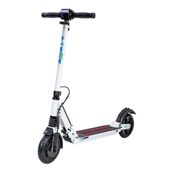 Front angle of E-TWOW S2 ECO electric scooter in white – lightweight and foldable design for city travel.