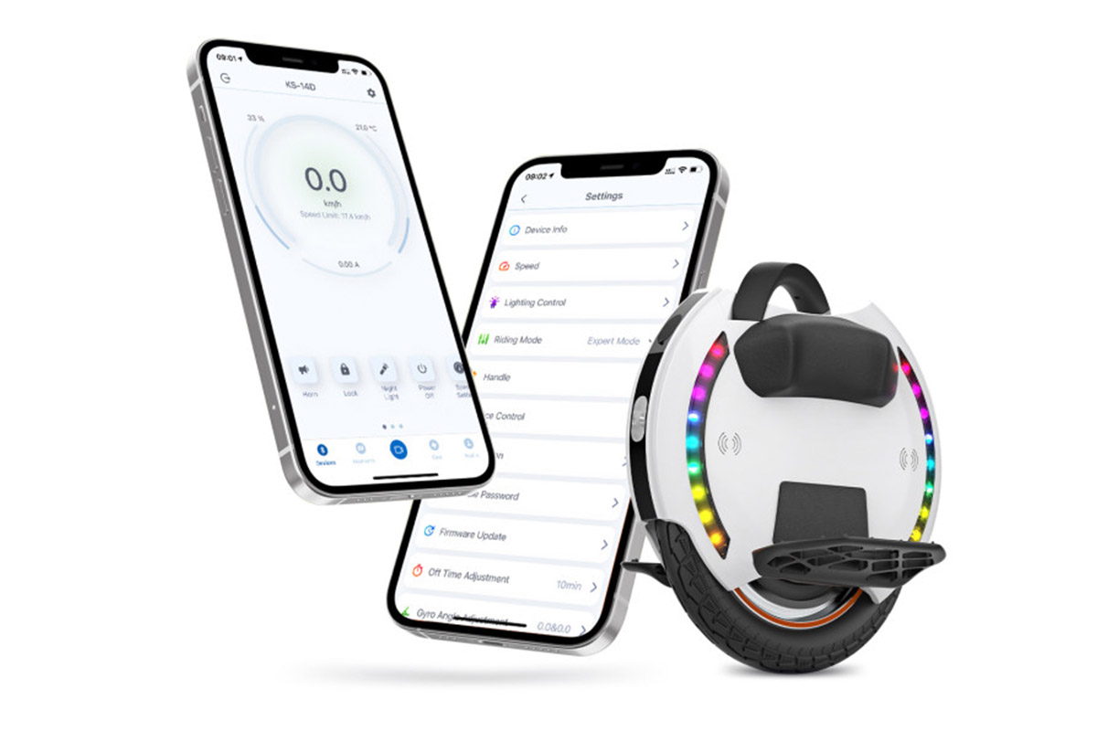 Mobile app interface for Kingsong KS-14D V2 electric unicycle – Bluetooth connectivity and ride tracking features.