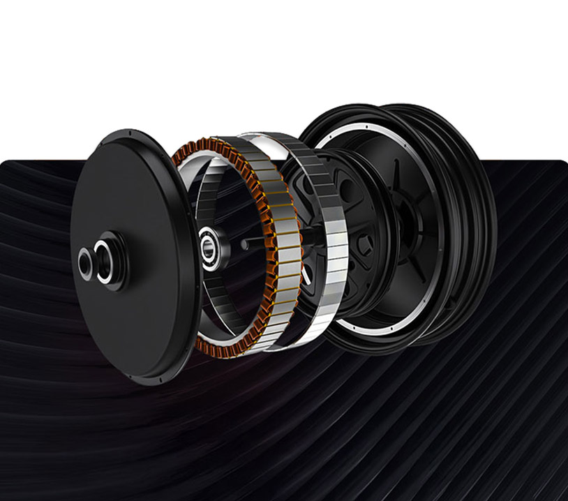 Electric unicycle Kingsong KS-16X brushless motor Exploded view of the Kingsong KS-16X brushless motor showcasing internal components and engineering