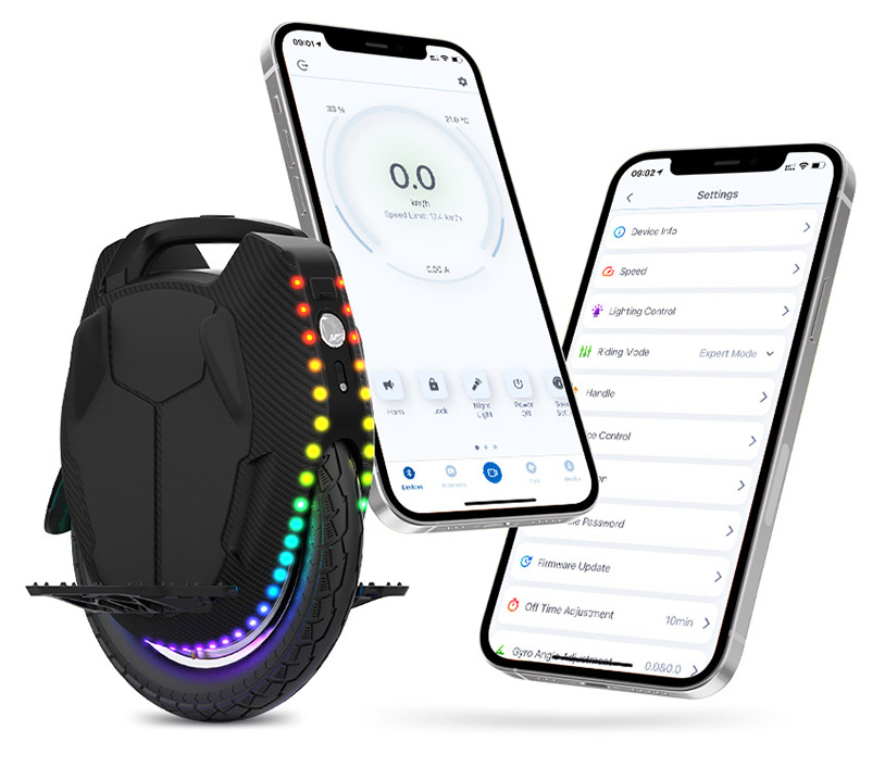 Electric unicycle Kingsong KS-16X mobile app Kingsong KS-16X electric unicycle with dual smartphone app interface showing speed settings, lighting control, and riding modes