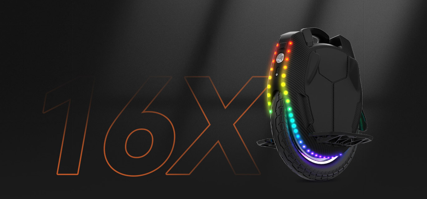 Electric unicycle Kingsong KS-16X Kingsong KS-16X electric unicycle with multicolor LED lighting, wide foot pedals, and stealthy matte finish against a black background