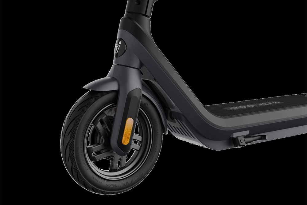 Segway-Ninebot E2 Pro E electric scooter's front wheel Close-up view of the Segway-Ninebot E2 Pro E electric scooter's front wheel.