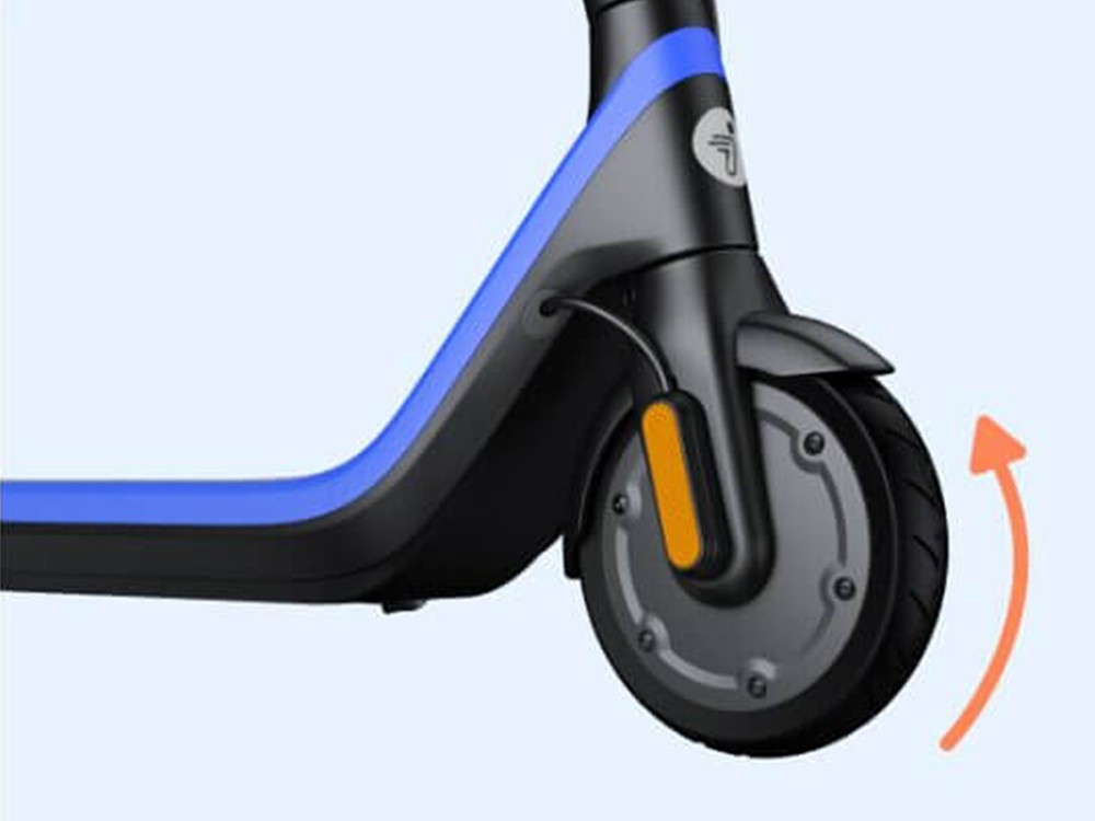Close-up of the blue Segway-Ninebot C2 E electric scooter’s front wheel and tire.