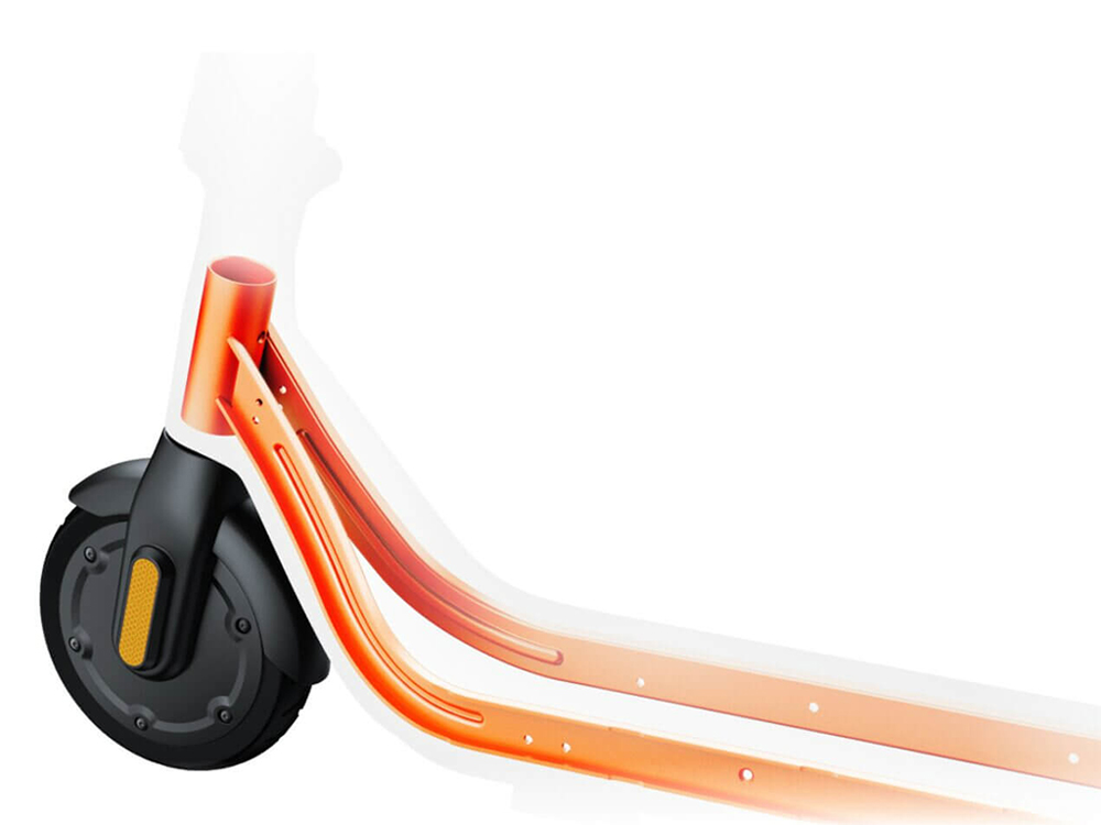 Close-up illustration of the Segway-Ninebot C2 E electric scooter’s frame detail and deck structure.