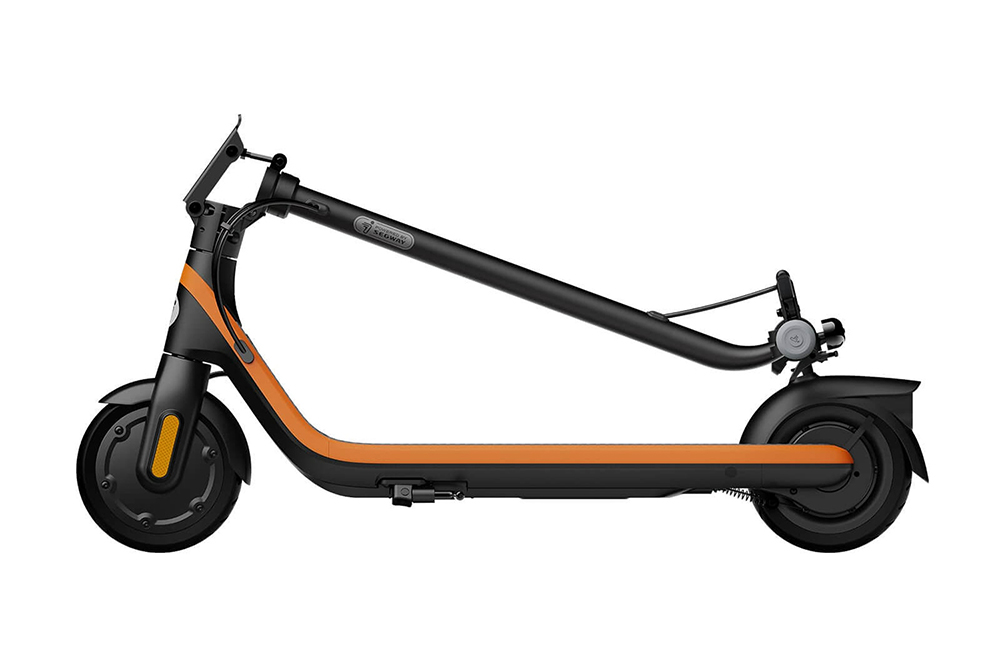 Left side view of the orange folded Segway-Ninebot C2 E electric scooter