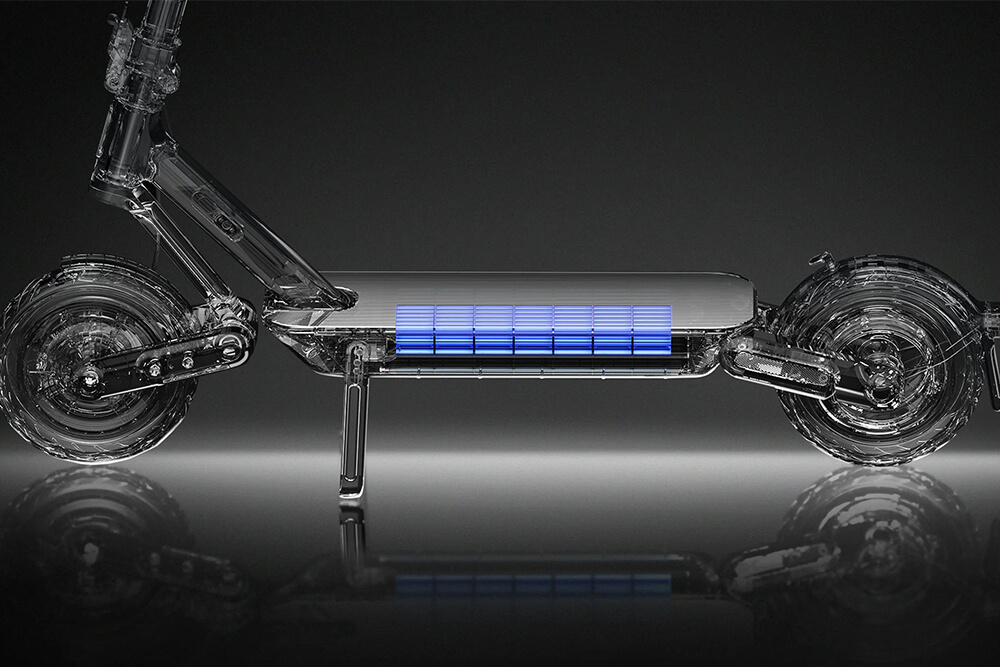 Xiaomi 4 Ultra Battery Transparent side view of Xiaomi 4 Ultra electric scooter revealing the internal battery pack integrated into the deck, highlighted in blue to emphasize energy storage and power system placement.
