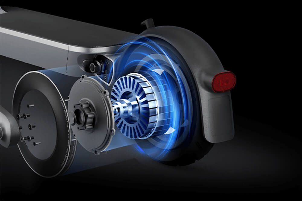 Xiaomi 4 Ultra electric scooter motor Close-up of the Xiaomi 4 Ultra electric scooter’s rear wheel assembly with an exploded view showing the internal components of the motor, including the rotor and stator, highlighted by blue glowing effects to illustrate power and efficiency.
