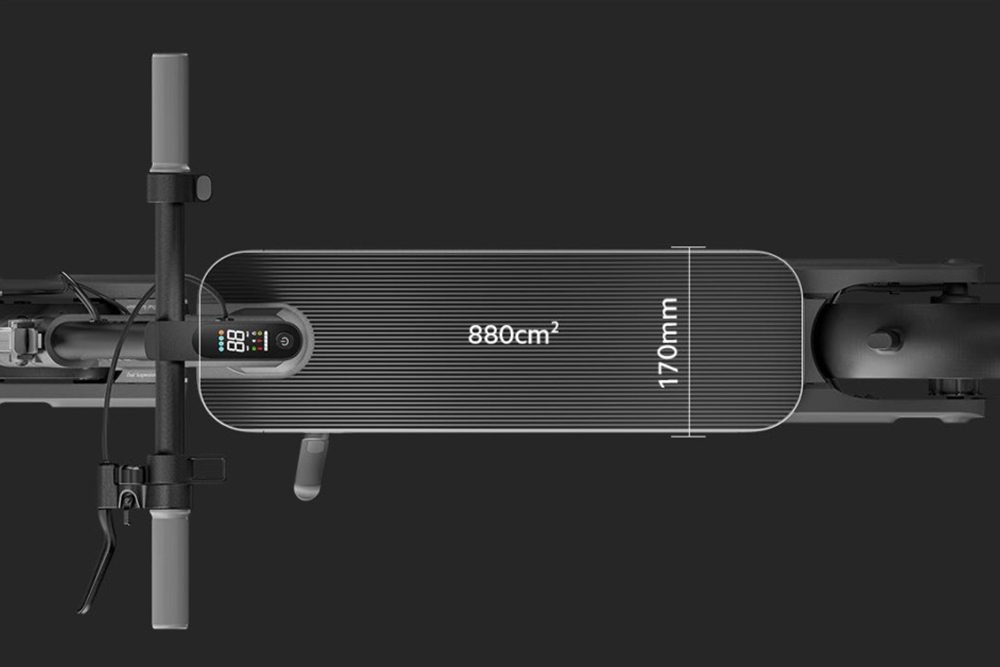 Top-down view of the Xiaomi 4 Ultra electric scooter showing the deck area with textured surface, integrated digital display near the handlebar and measurements