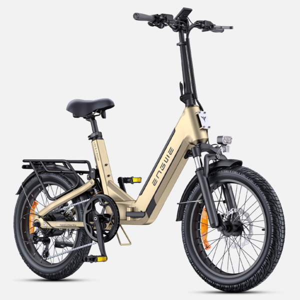 Electric bicycle Engwe L20 3.0 Boost in beige, front-side view, highlighting LED headlight, front suspension fork, and ergonomic handlebar setup.