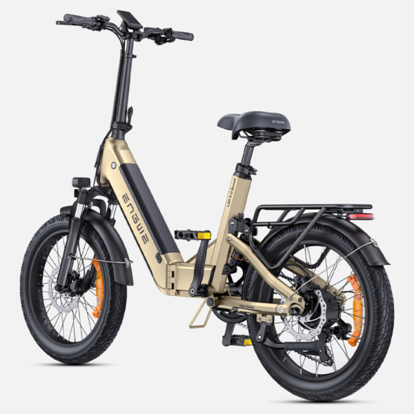 Electric bicycle Engwe L20 3.0 Boost in beige, rear-side view, showcasing rear suspension, disc brakes, and integrated cargo rack.