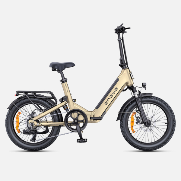 Electric bicycle Engwe L20 3.0 Boost in beige, right side view, showing step-through frame, full suspension, rear rack, and 20-inch fat tires.