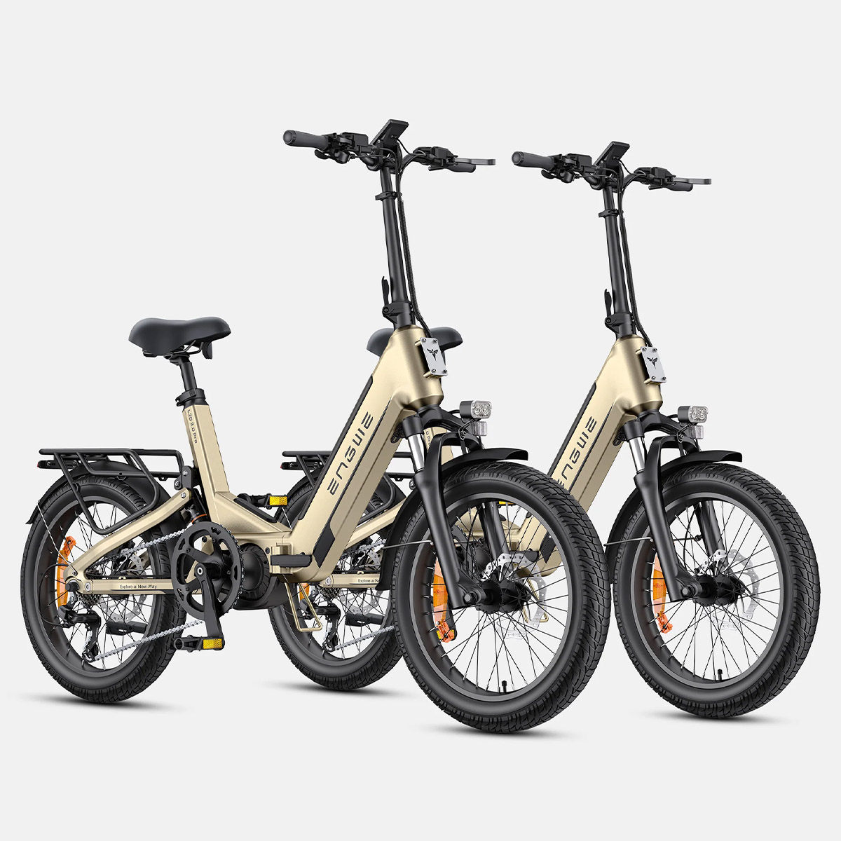 Electric bicycle Engwe L20 3.0 Pro in beige, right side view, shown outdoors on asphalt road with kickstand, highlighting step-through frame, rear rack, fat tires, and front suspension fork.