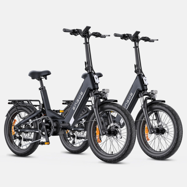 Electric bicycle Engwe L20 3.0 Pro in black, right side view, shown outdoors on asphalt road with kickstand, highlighting step-through frame, rear rack, fat tires, and front suspension fork.