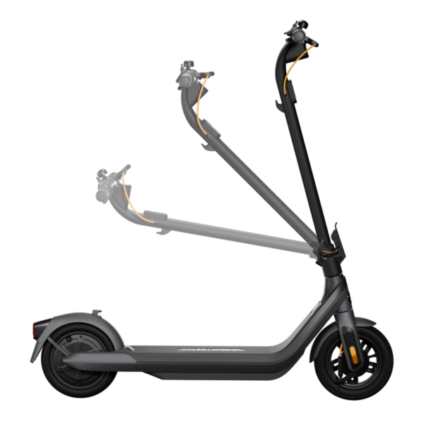 Side illustration of Segway E2 Pro E electric scooter folding mechanism in motion sequence.