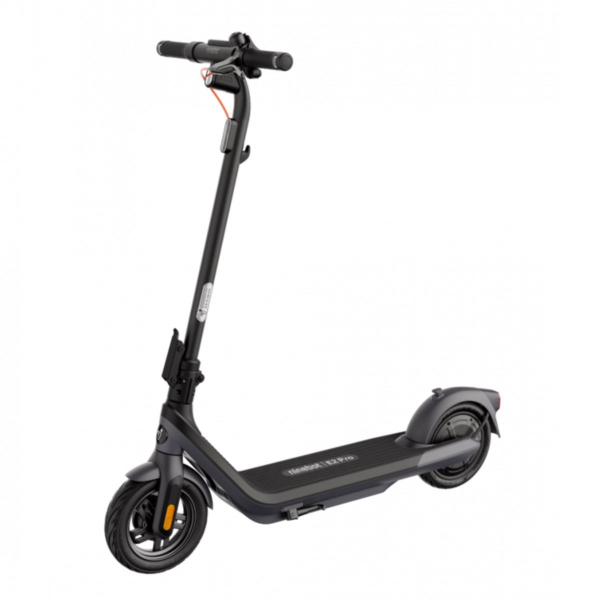 Front-side angle of Segway E2 Pro E electric scooter highlighting the display, handlebars, and front wheel.