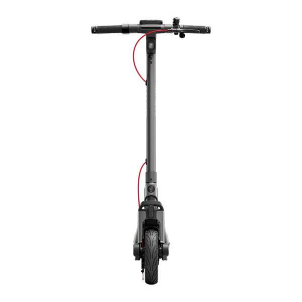 Electric scooter Segway E3 Pro E front view – upright handlebar and treaded front tire in focus.