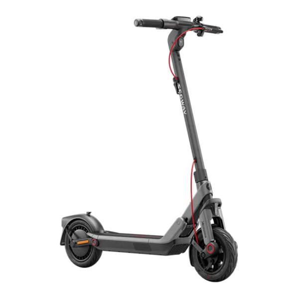 Electric scooter Segway E3 Pro E front-side angle – modern design with red accent brake cables and compact frame.