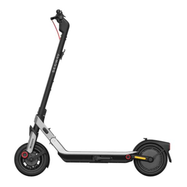 Electric scooter Segway E3 Pro E left side view – showcasing modern frame, large wheels, and upright handlebar.