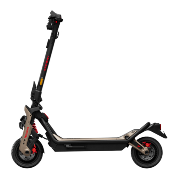 Side profile of electric scooter Segway GT3 Pro from the left – suspension, frame, and tires visible.