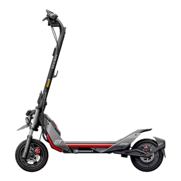 Left side profile of Segway ZT3 Pro electric scooter showcasing red-black frame and aggressive stance.